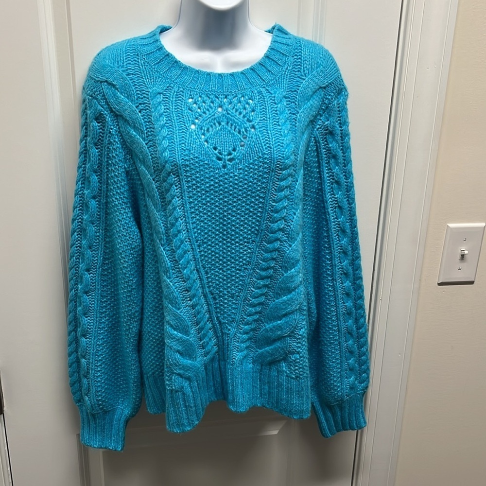 Talbots Turquoise Blue Cable Knit Pointelle Puff Sleeve Sweater - XL Petite - Picture 3 of 10